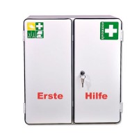 Omarica za prvo pomoč, pločevina, s polnilom po DIN 13169, z varnostno ključavnico, 2 vrata, bela