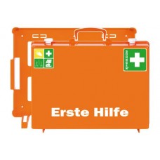 Komplet za prvo pomoč s polnilom po DIN 13169, iz ABS plastike, s stenskim nosilcem, oranžna Komplet za prvo pomoč s polnilom po DIN 13169, iz ABS plastike, s stenskim nosilcem, oranžna