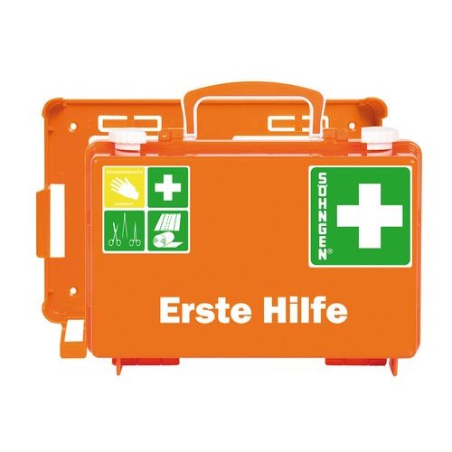 Komplet prve pomoči, polnilo po DIN 13157, s stenskim nosilcem, oranžen Komplet prve pomoči, polnilo po DIN 13157, s stenskim nosilcem, oranžen