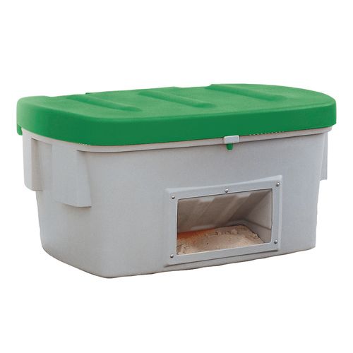 Posoda za pesek SB 100-O iz polietilena, 100 l, odprtina za odjem, zelen pokrov Posoda za pesek SB 100-O iz polietilena, 100 l, odprtina za odjem, zelen pokrov