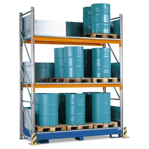 Combi-Shelf 4 S24-I z barvano lovilno posodo, za 24 navpičnih 200 l sodov, osnovni regal