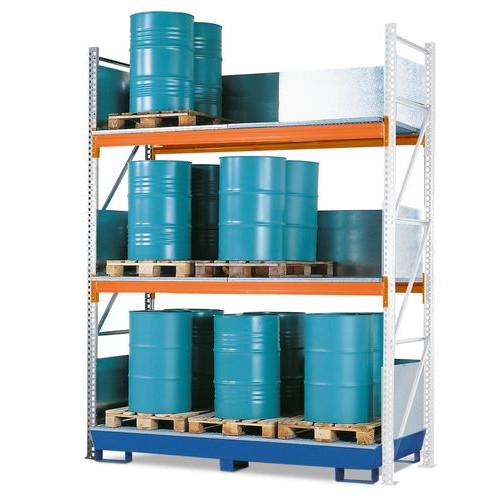 Combi-Shelf 4 S24-I z barvano lovilno posodo, za 24 vertikalnih 200 l sodov, dodatni regal